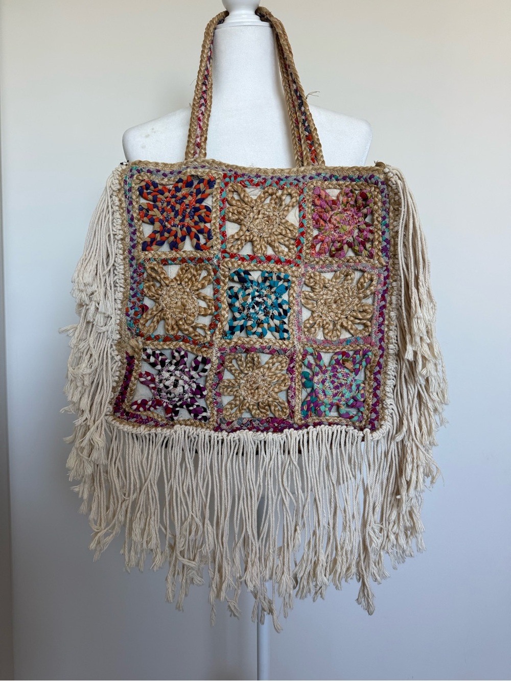 Handwoven Boho Fringe Tote Bag in Cream and Multicolor
